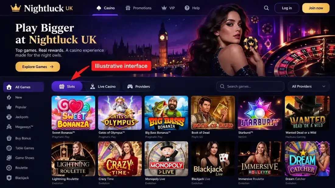 Illustrative Nightluck games interface with highlighted controls