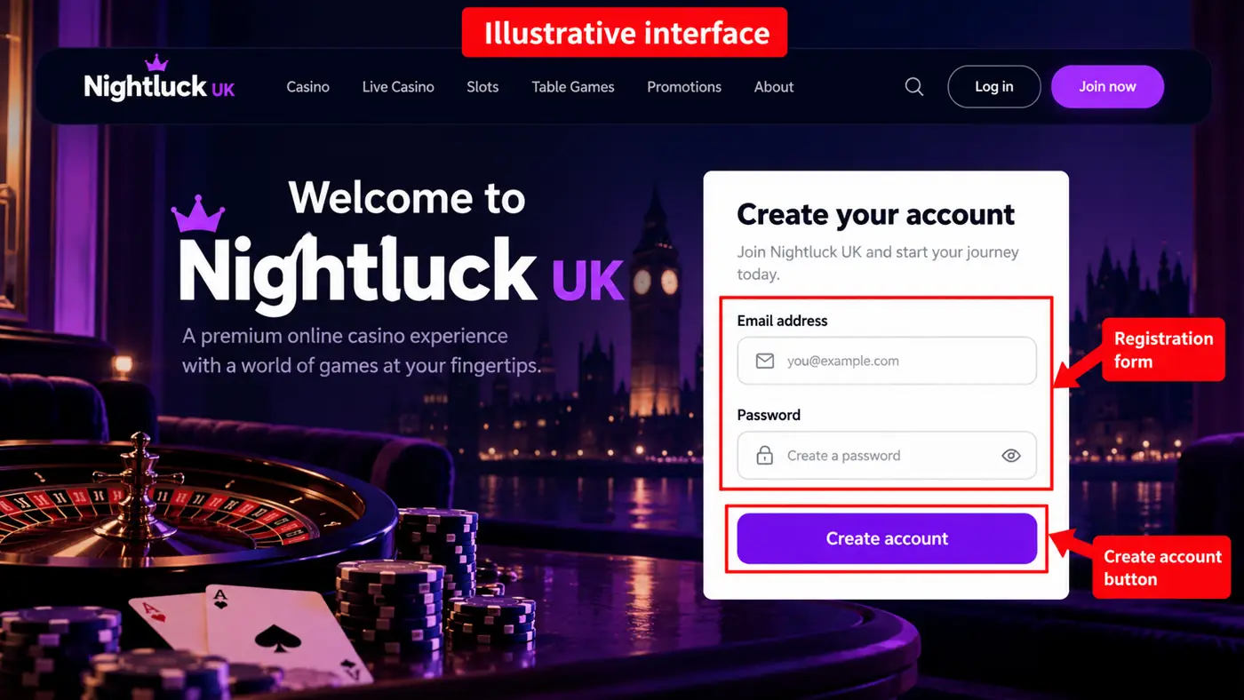 Illustrative Nightluck login interface with highlighted controls