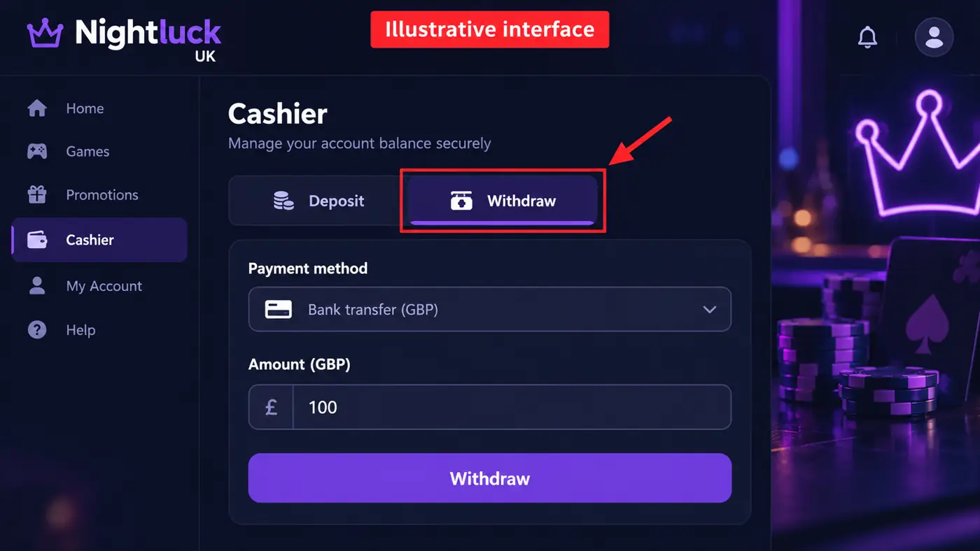 Illustrative Nightluck withdrawal interface with highlighted controls