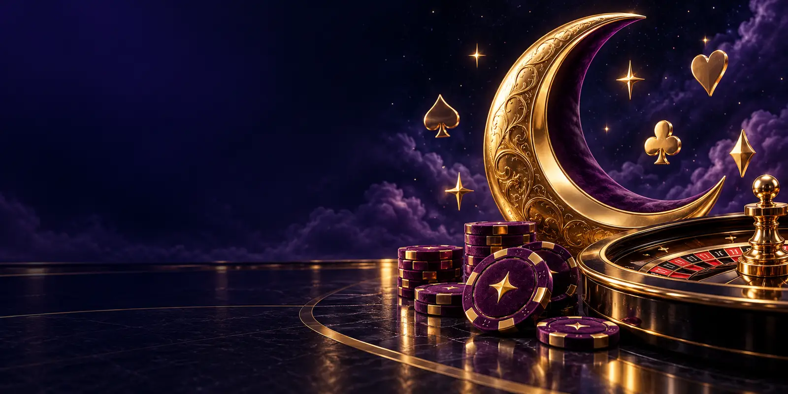 Nightluck Casino gold crescent moon and purple casino chips at night